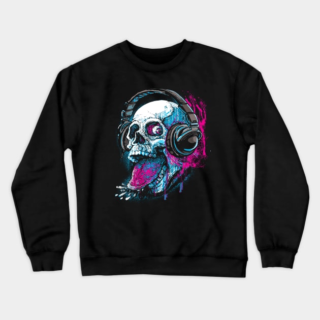 Skull Givin' Raspberry Chillaxin with Headphones Crewneck Sweatshirt by Mudge